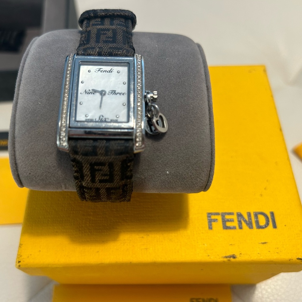 FENDI Stainless Steel Alligator Diamond Bezel
Mother of Pearl Quartz Watch.